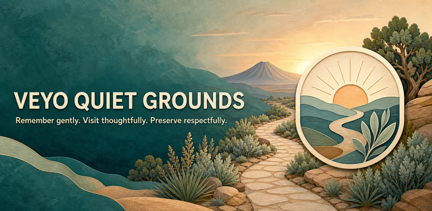Veyo Quiet Grounds banner showing a high-desert path at sunrise