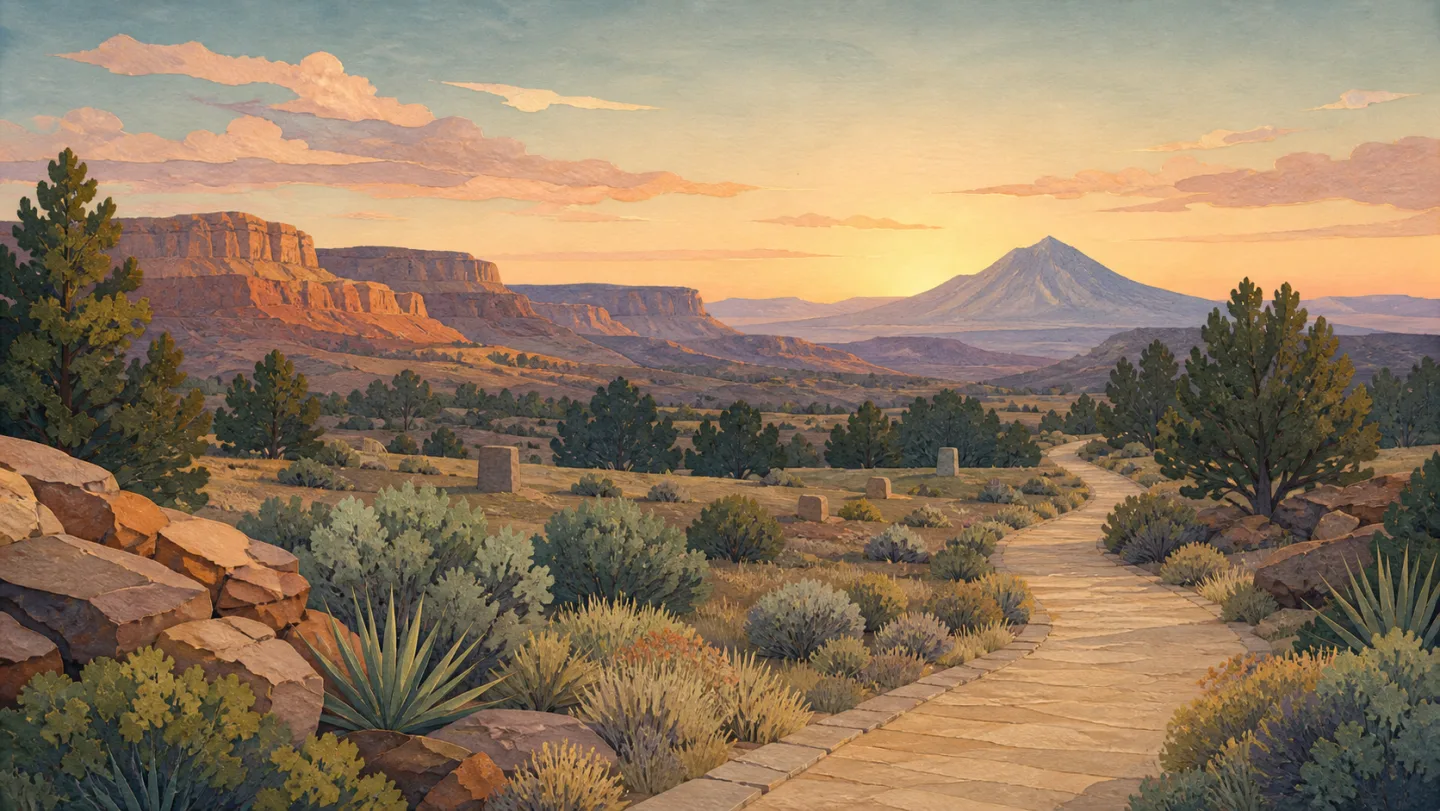 Illustrated high-desert path among sage and juniper at sunrise