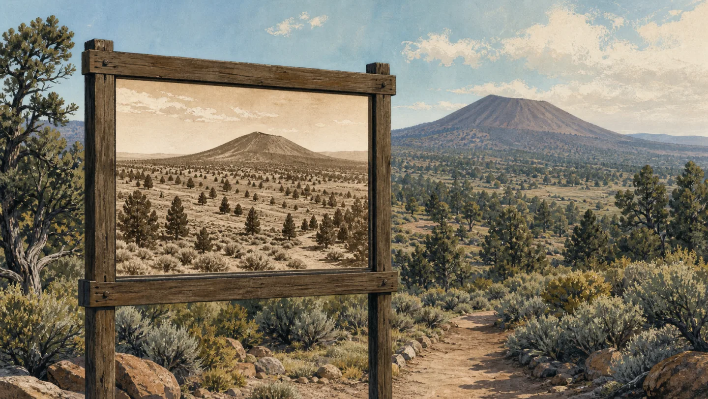 Illustration of a historic-view frame aligned with a present high-desert landscape
