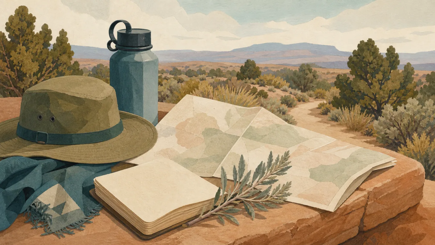 Illustrated visit-planning items beside a desert path